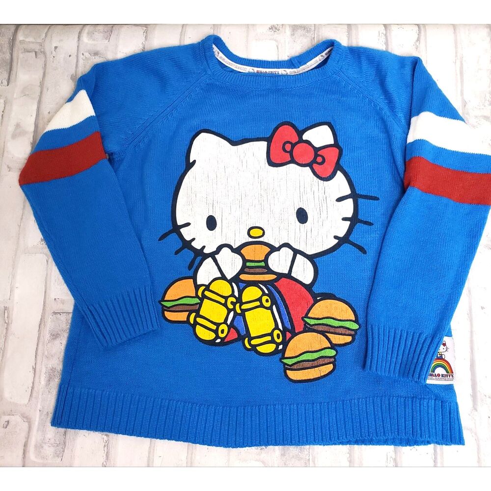 Sanrio Blue Hello Kitty Knitted Hamburger Knit Sweater- Retro Varsity Stripe